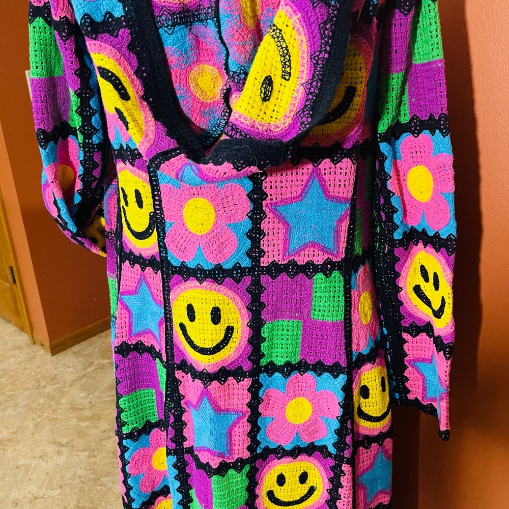 Colorful Crochet Cardigan dusterwith Smiley Faces. Smile all day!! - Picture 2 of 16